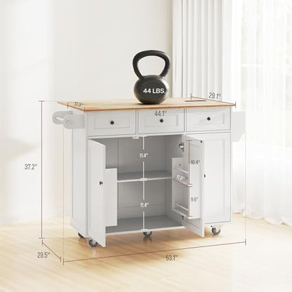 HOMCOM Kitchen Island with Drop Leaf and Power Outlet, Rolling Cart with Storage Cabinets, Solid Wood Island Table on Wheels for Kitchen with 3 Drawers, Towel Bars, Spice Rack, White - color: White