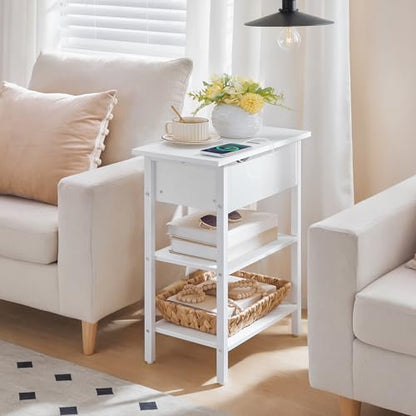 HOOBRO End Table with Charging Station, Narrow Side Table, Flip Top Nightstand with USB Ports and Outlets, Bedside Tables with Shelf for Small Spaces, Living Room, White WT341BZ01 - color: White