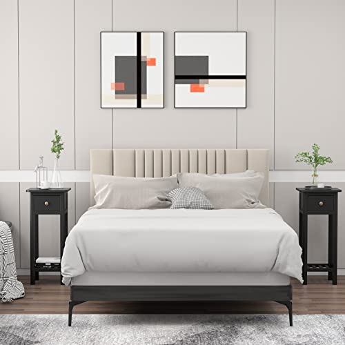 Giantex Tall End Table, Narrow Side Table with Drawer and Shelf, Acacia Wood Nightstand for Living Room, 2-Tier Bedside Table for Small Space, No Assembly, Black - color: Black