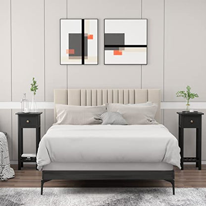 Giantex Tall End Table, Narrow Side Table with Drawer and Shelf, Acacia Wood Nightstand for Living Room, 2-Tier Bedside Table for Small Space, No Assembly, Black - color: Black