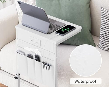 Vagusicc C Shaped End Table with Charging Station, Adjustable Height Side Table for Couch, Sofa Table Laptop Couch Side Tables, Slide Under Sofa TV Tray Arm C Tables for Living Room Bedroom, White - color: 1pc White