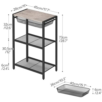 HOOBRO 28.7 Inch Tall Side Table, 3-Tier Industrial Telephone End Table with Adjustable Metal Mesh Basket, Desk Side Table with Storage Shelves, for Living Room, Bedroom, Office, Greige BG06DH01 - color: Greige + Black