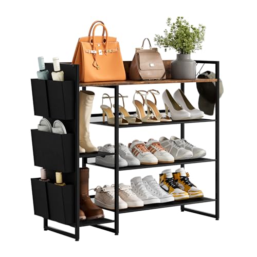 Shoe Racks Bench,Shoe Organizer with Bench for Closet- Free Standing Boot and Shoe Rack with Storage Bag for High Heels, Entryway, Hallways, Closets, Dormitory Rooms,Brown 4-Tier - size: 4 Tier with Side Bag
