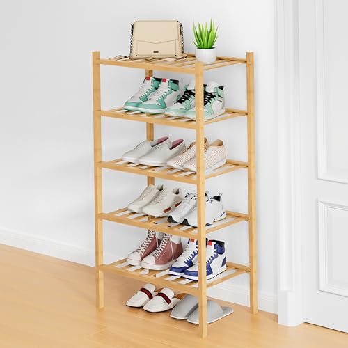 Smiry Small Bamboo Shoe Rack, 5 Tier Free Standing Wooden Shoe Organizer, Stackable Wood Shoe Storage Shelf for Closet, Entryway, 12 Vertical Slats, 2+2+1 Stack Standard Legs, 17.3"x11"x32.5", Natural - color: Natural, size: 17.32" Wide - 5 Tier - Regular