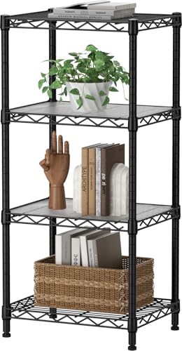 SINGAYE 4 Small Shelves Storage Shelf Wire Shelving Unit Metal Shelf Adjustable Organizers Storage Shelving with Wheels for Bathroom Laundry Room Kitchen Pantry11.5”D x 17.3”W x 44.5”H Black - color: Black, size: 4 Tier 11.6"Dx17.6"Wx44.5"H