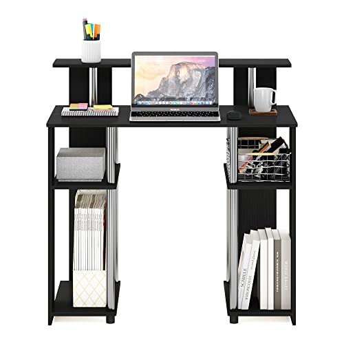 Furinno Jaya Simple Design Computer Writing Desk, Americano/Stainless Steel, 20.3 (D) x 35.6(W) x 35.7 (H) inches. | Raised Hutch and Open Shelf, Simple Design Computer Writing Desk, Office Desk for Home Office, Bedroom - color: Americano/Stainless Steel