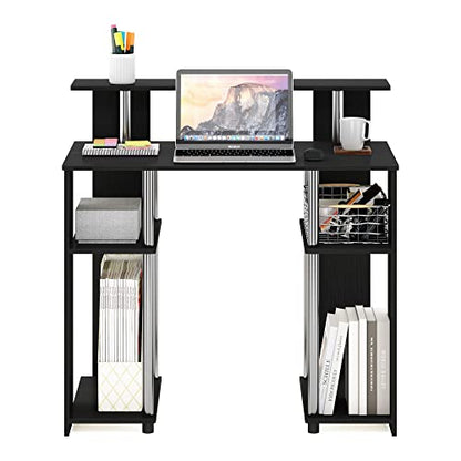 Furinno Jaya Simple Design Computer Writing Desk, Americano/Stainless Steel, 20.3 (D) x 35.6(W) x 35.7 (H) inches. | Raised Hutch and Open Shelf, Simple Design Computer Writing Desk, Office Desk for Home Office, Bedroom - color: Americano/Stainless Steel