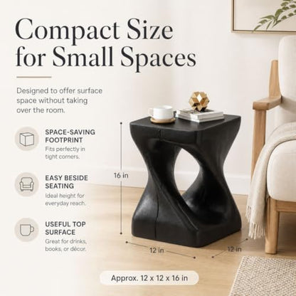 Twisted Solid Wood Accent Table, Hand-Carved Sculptural End Table, 12x12x16 inch Rustic Wooden Stool, Modern Geometric Side Table for Living Room Bedroom, Natural Wood Nightstand Plant Stand - color: Style A-black