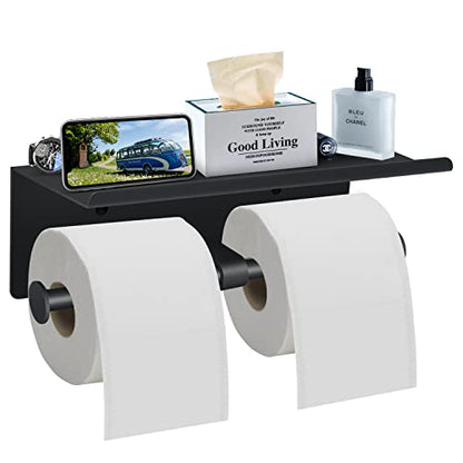 Toilet Paper Holder with Shelf Wall Mounted Toilet Paper Storage, Double Roll Tissue Holder Dispenser Bathroom Toilet Paper Holder (Matte Black) - color: Black Toilet Paper Holder