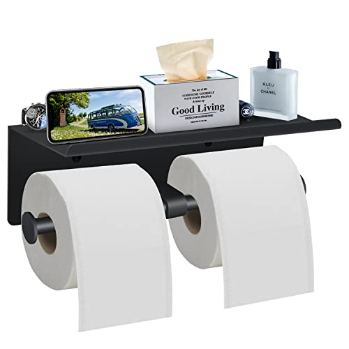 Toilet Paper Holder with Shelf Wall Mounted Toilet Paper Storage, Double Roll Tissue Holder Dispenser Bathroom Toilet Paper Holder (Matte Black) - color: Black Toilet Paper Holder
