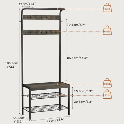 NEWBULIG Coat Rack, Hall Tree with Shoe Bench, 4-in-1 Entryway Organizer with 10 Hooks and Storage Shelf, Rustic Wood Entryway Bench for Mudroom, Living Room, Bedroom, Grey - color: Deep Grey