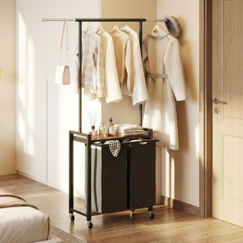 IDEALHOUSE Laundry Sorter 2 Section with Hanging Rack,Rolling Laundry Sorter Hamper with Shelf & Lockable Wheels,Laundry Basket Organizer for Laundry Room, Bedroom, Bathroom - size: Sorter-2 Bags