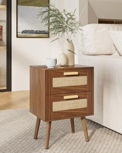 Masupu Rattan Night Stand, Modern nightstand Boho Bedside Table with 2 Drawer, Small End Side Table for Bedroom, Living Room, Office, Walnut - color: Walnut