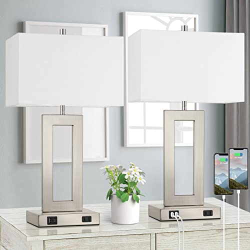 22'' Tall Table Lamps for Bedroom Set of 2, Silver Bedside Touch Control Lamp with 2 USB Ports&AC Outlet, Modern Living Room Table Lamp for Nightstand End Table, 3-Way Dimming with 2 E26 Edison Bulbs | 3 Way Dimmable, Touch Control, White Fabric Shade, E2