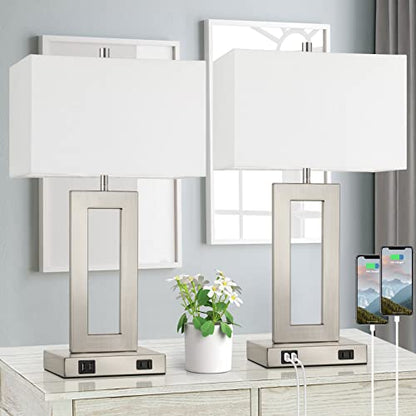22'' Tall Table Lamps for Bedroom Set of 2, Silver Bedside Touch Control Lamp with 2 USB Ports&AC Outlet, Modern Living Room Table Lamp for Nightstand End Table, 3-Way Dimming with 2 E26 Edison Bulbs | 3 Way Dimmable, Touch Control, White Fabric Shade, E2