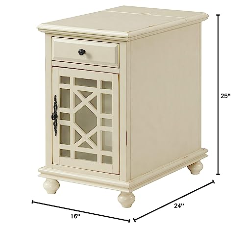 Martin Svensson Home Elegant Chairside End Table with Power — 24″W x 16″D x 25″H, Antique Cream White — Transitional Painted Accent Table with Flip-Top USB Charging, Drawer & Cabinet Storage - color: Antique Cream White