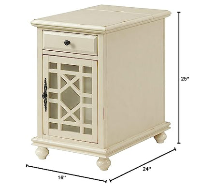 Martin Svensson Home Elegant Chairside End Table with Power — 24″W x 16″D x 25″H, Antique Cream White — Transitional Painted Accent Table with Flip-Top USB Charging, Drawer & Cabinet Storage - color: Antique Cream White