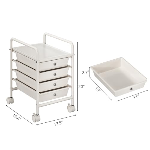 4-Tier Utility Cart with 4 Drawers, Rolling Utility Cart with 2 Lockable Caster Wheels, Multipurpose Mobile Rolling Drawer Cart for Office Bathroom Kitchen, Ivory White - size: White, 4-Tier