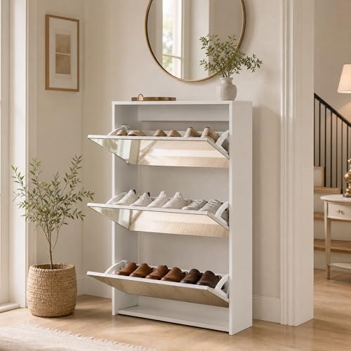 HOPUBUY Shoe Cabinet for Entryway, Narrow Shoe Storage with 3 Flip Drawers | Wood Slim Shoe Rack, 3 Tier Thin Shoe Organizer for Home and Apartment, Mirror - color: Mirror White