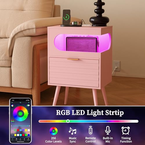 Veegle Nightstand,Modern Bedside Table with Storage Drawer and Open Wood Shelf, Accent Night Stand with Solid Wood Legs for Living Room, Bedroom and Small Spaces,Easy Assembly (Pink-1) - color: Pink-1