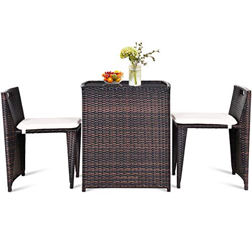 Giantex 3 PCS Cushioned Outdoor Wicker Patio Set Convention Bistro Set with Patio Sofa Chairs Garden Lawn Space Saving Conversation Furniture No Assembly (Light Brown) - color: Light Brown