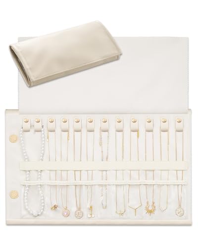 Lolalet Travel Necklace Organizer, Foldable Jewelry Case, Beige, 12 Slots | Tangle-Free, Roll Up, PU Outer, Velvet Lining, Space-Saving, for Chains Bracelets, Gift for Women Girls Daughters Friends - color: Beige, size: Medium, 12 Slots