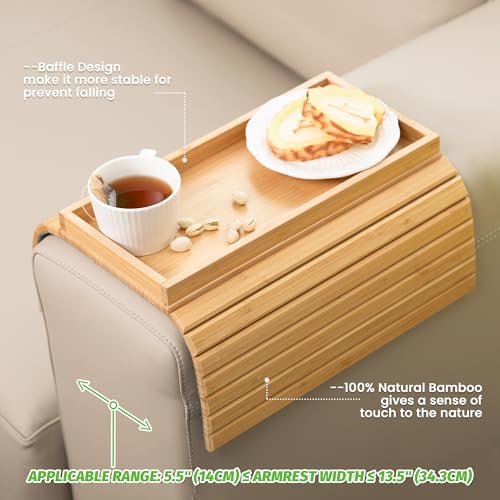GEHE Bamboo Sofa Arm Tray, Foldable Couch Arm Tray Side Table, Anti-Falling Armrest Tables Cup Holder for Snacks, Drinks, Beers, Phone, Control, Flexible and Portable, Anti-Slip - color: Bamboo
