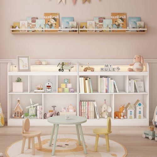 Lkeiyay Kids Bookshelf with LED Lights, Montessori Storage Unit, White | Freestanding open cubby kids bookcase with LED light, rounded safety edges, perfect for kids bedroom, playroom & nursery - color: All White