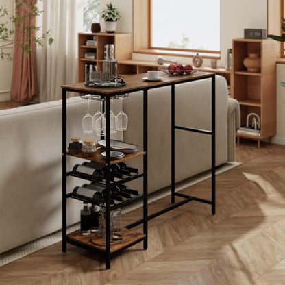 COSTWAY 48" Long Bar Table, Bar Height Dining Table with Storage Shelves, Wine Racks & Stemware Holders, Industrial Breakfast Table for Kitchen Living Room Behind Couch, Rustic Brown