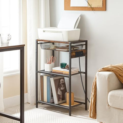 HOOBRO Tall Side Table with Charging Station, Industrial Telephone End Table with Pull-Out Metal Storage Drawer, Tall Slim Nightstand for Living Room, Bedroom, Office, Rustic Brown BF06UDH01