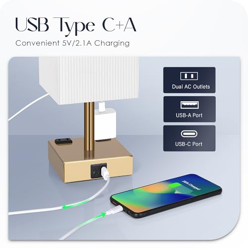 Set of 2 Bedside Table Lamp 3 Way Dimmable Nightstand Lamp with USB C & USB A Charging Port, 2 AC Outlets, 3000K LED Bulbs (Pleate) - color: Pleated
