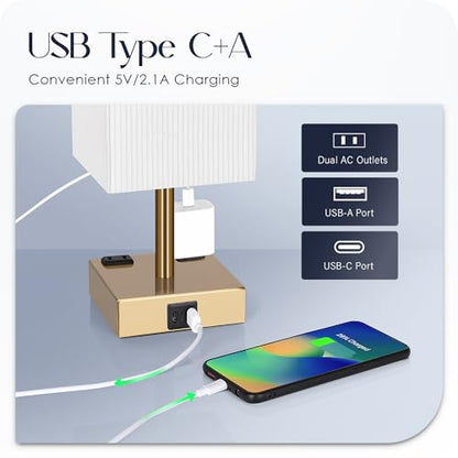 Set of 2 Bedside Table Lamp 3 Way Dimmable Nightstand Lamp with USB C & USB A Charging Port, 2 AC Outlets, 3000K LED Bulbs (Pleate) - color: Pleated
