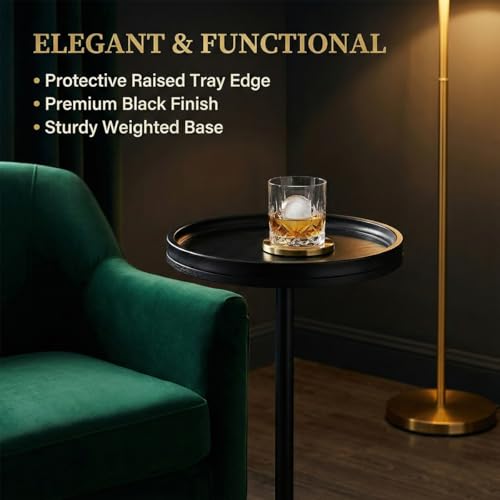 Black Industrial Martini Table,Round Drink Table,Modern Pedestal Side Table with Black Wood Grain Tray Top, Weighted Metal Base End Table for Living Room,Small Spaces,Next to Sofa, 24.7" Tall - color: Black