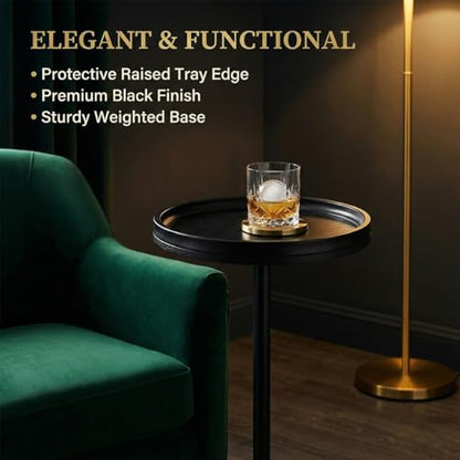 Black Industrial Martini Table,Round Drink Table,Modern Pedestal Side Table with Black Wood Grain Tray Top, Weighted Metal Base End Table for Living Room,Small Spaces,Next to Sofa, 24.7" Tall - color: Black
