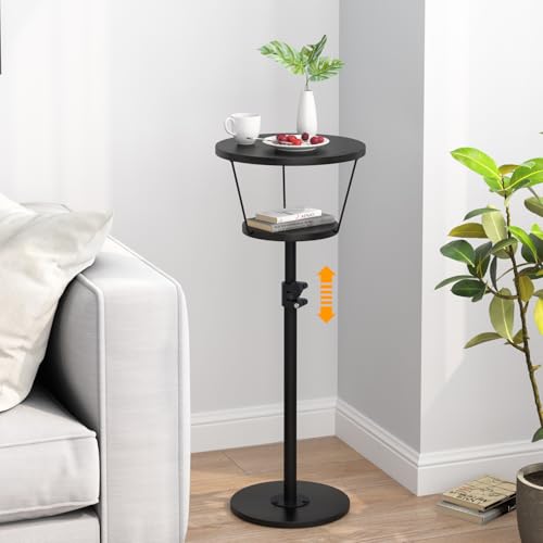 Small Side Table, 2 Tier Drink Table, Height Adjustable Round End Table, Pedestal Side Table for Small Spaces in Living Room, Bedroom, Black - color: Black-2 Tier