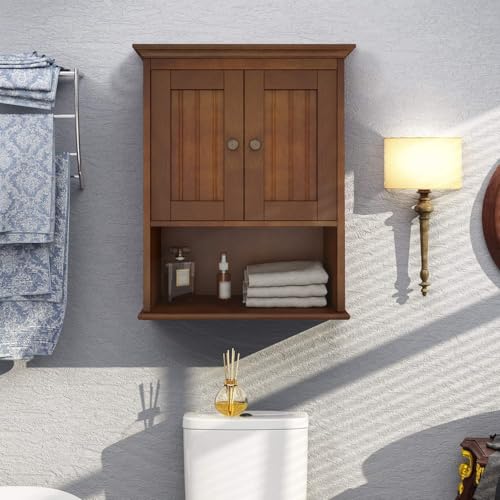 Treocho Wood Wall Cabinet, Bathroom Medicine Cabinet Storage with Doors and Adjustable Shelf, Rustic Cabinet Wall Mounted for Bathroom, Livingroom, Kitchen, Cupboard, Reddish Brown - color: Reddish Brown