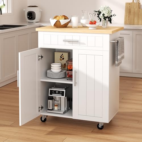 Shintenchi Kitchen Island cart with Storage, Portable Bar Cabinet on Wheels, Rolling Microwave Cart Side Table with Workstation for Kitchen, Dinning Room, White - color: White-26 Inch