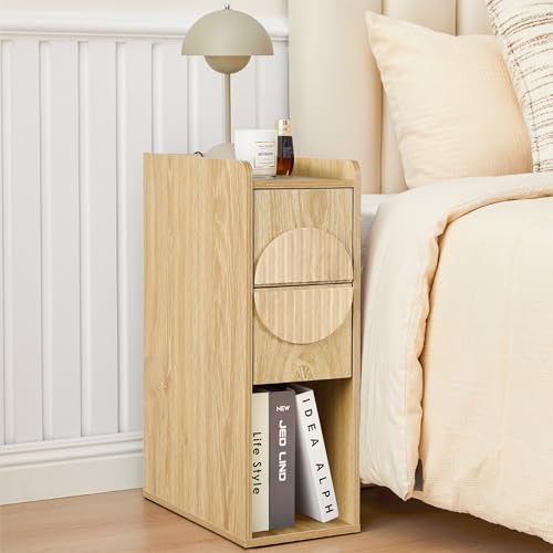 Narrow End Table with 2 Drawers, Fluted Slim Nightstands, Mid Century Modern Wooden Side Table for Small Spaces, 7.9" Wide Skinny Bedside Tables,Narrow Side Table for Bedroom - color: Natural X20
