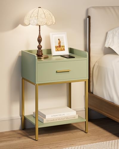 Nightstand,Modern Bedside Table Night Stand with Storage Drawer and Open Shelf,Small End Side Table for Bedroom,Living Room,Green - color: Green
