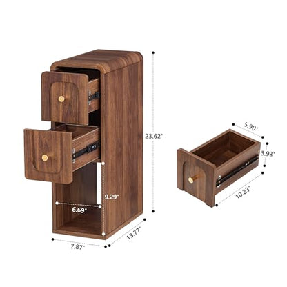 Narrow Nightstand with 2 Drawers, Small Bedside Tables, Mid-Century Modern Slim Night Stand with Storage, Wooden End Table for Small Spaces, Bedroom, Living Room (Walnut-1PCS) - color: 2drawers-walnut-1pcs