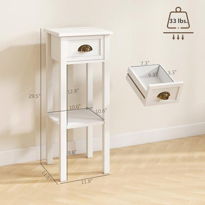 HOMCOM Narrow End Table with Drawer and Bottom Shelf, Slim Side Table for Small Spaces, Skinny Modern Accent Desk for Living Room, Set of 2, White - color: White