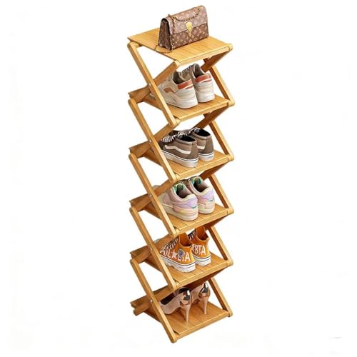 Bamboo Shoe Rack - No Assembly Required, Tall Narrow Foldable Shoe Organizer, Space-Saving Multifunctional Shelf for Entryways, Corners, Bedrooms, Balconies, 6 Layer(Reinforced and Thickened) - color: Wood Color, size: 6 Layers