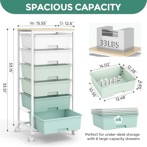 Rolling Storage Cart with 6 Drawers and Wooden Tabletop, Lockable Wheels Utility Cart for Art Studios, Office Supplies & Craft Room Organization (Green) - color: Green