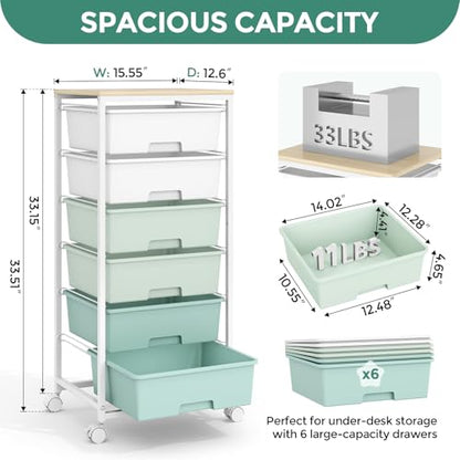 Rolling Storage Cart with 6 Drawers and Wooden Tabletop, Lockable Wheels Utility Cart for Art Studios, Office Supplies & Craft Room Organization (Green) - color: Green