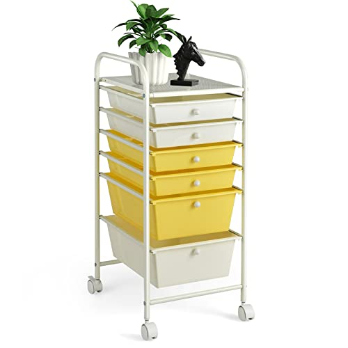 COSTWAY 6-Drawer Rolling Storage Cart, Art Craft Tools Organizer on Wheels | Multifunctional Heavy Duty Utility Mobile Storage Trolley w/ 2 Lockable Wheels for Home Office School (Yellow, Beige & Grey) - color: Yellow, Beige & Grey, size: 6 Drawer