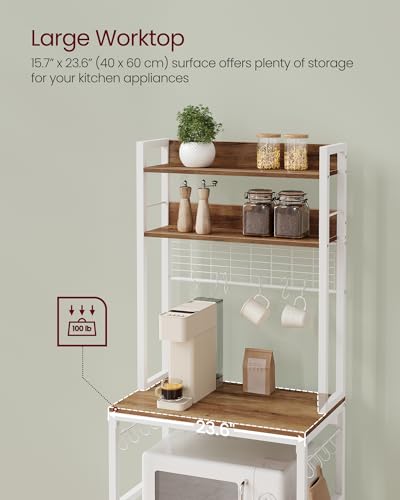 VASAGLE Bakers Rack with Power Outlet, Microwave Stand, Kitchen Tall Utility Storage Shelf, with Metal Wire Panel, 14 Hooks, 15.7 x 23.6 x 66.9 Inches, Rustic Walnut and Cloud White UKKS037W41 - color: Rustic Walnut + Cloud White, size: 23.6"W
