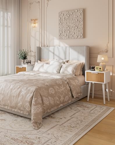 YMYNY Narrow Fluted Nightstand Set of 2, Small End Table, Modern Coffee Table with Drawer, Solid Wood Legs, Retaining Chain, for Bedroom and Small Spaces, White and Natural UHST014WN-2 - color: White and Natural