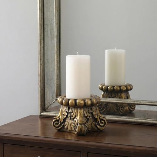 SOFE Ornate Gold Decorative Pillar Stand, Vintage Column Pedestal Stand, 5 Inch Tall Plant Pot Stand Small, Centerpiece Candle Base, Beaded Rim - color: Gold