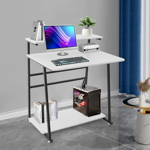 3 Tiers Rolling Computer Desk, 31.5 Inch Home Office Desk with 4 Wheels & 4 Foot Pads, Mobile Small Computer Desk, Student Study Table for Small Space Bedroom (White+Black) - color: White+black