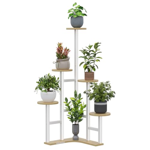 Yzosvki Corner Plant Stand Indoor, 6 Tiered Corner Plant Shelf Flower Stand for Multiple Plants, Plant Shelves Organizer Rack for Living Room, Balcony, Patio, Garden, Round White Oak - color: White Oak, size: 6 Tier-Round